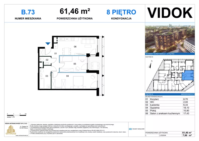 3 pokoje, mieszkanie 61,46 m², piętro 8, oferta nr B.M.73, VIDOK Apartamenty, Katowice, Śródmieście, ul. Kozielska