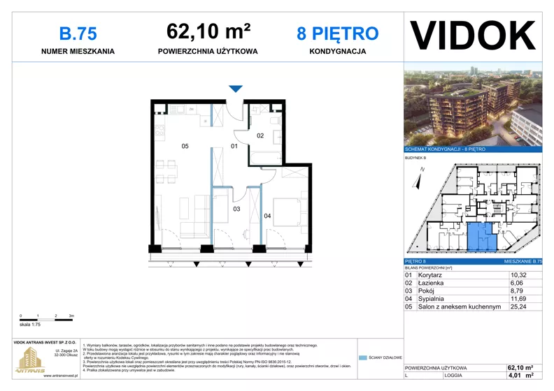 2 pokoje, mieszkanie 62,10 m², piętro 8, oferta nr B.M.75, VIDOK Apartamenty, Katowice, Śródmieście, ul. Kozielska