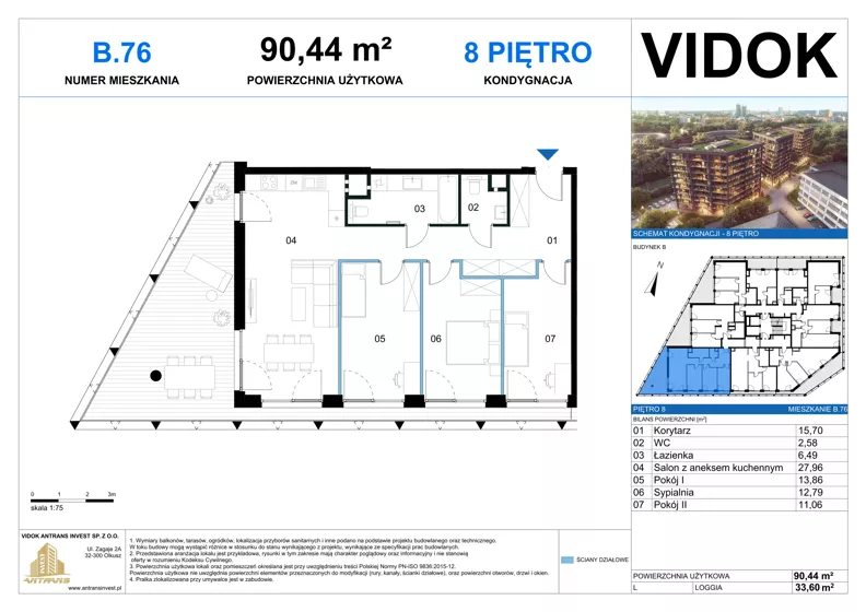 4 pokoje, mieszkanie 90,44 m², piętro 8, oferta nr B.M.76, VIDOK Apartamenty, Katowice, Śródmieście, ul. Kozielska