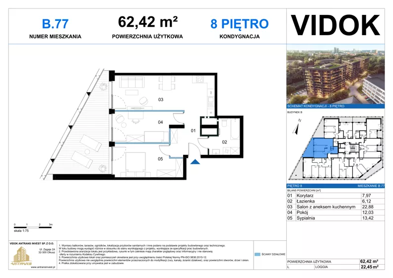 3 pokoje, mieszkanie 62,42 m², piętro 8, oferta nr B.M.77, VIDOK Apartamenty, Katowice, Śródmieście, ul. Kozielska