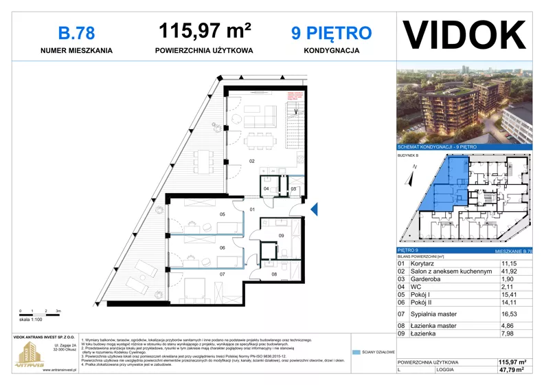 4 pokoje, mieszkanie 115,97 m², piętro 9, oferta nr B.M.78, VIDOK Apartamenty, Katowice, Śródmieście, ul. Kozielska