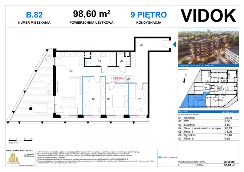 4 pokoje, mieszkanie 98,60 m², piętro 9, oferta nr B.M.82, VIDOK Apartamenty, Katowice, Śródmieście, ul. Kozielska