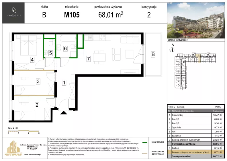 4 pokoje, mieszkanie 68,01 m², piętro 2, oferta nr M105, Zagórskie Tarasy, Sosnowiec, Zagórze, ul. Romana Dmowskiego 13D