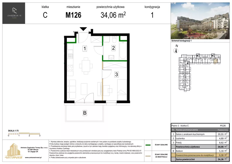 2 pokoje, mieszkanie 34,06 m², piętro 1, oferta nr M126, Zagórskie Tarasy, Sosnowiec, Zagórze, ul. Romana Dmowskiego 13D