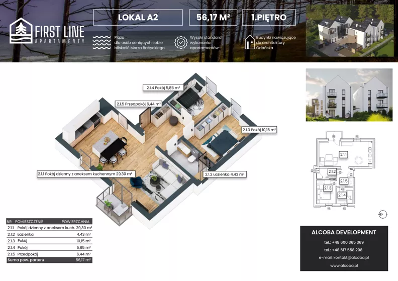 3 pokoje, apartament 56,17 m², piętro 1, oferta nr A2, First Line Apartamenty, Gdańsk, Wyspa Sobieszewska, ul. Wiosłowa 11B