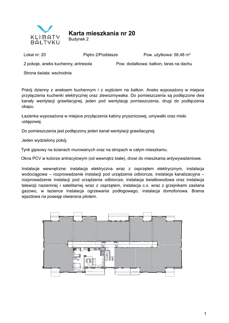 2 pokoje, apartament inwestycyjny 58,48 m², piętro 2, oferta nr 20, Klimaty Bałtyku, Dziwnów, ul. Daglezji 93-94