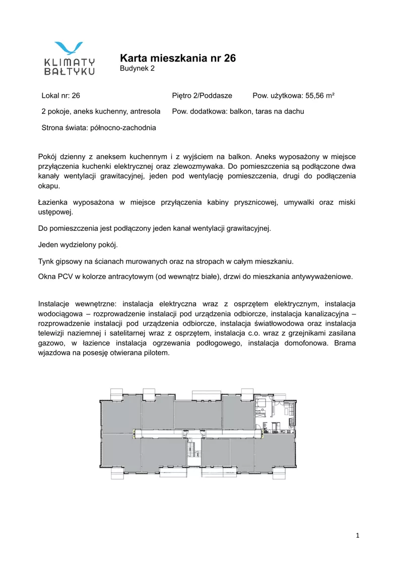 2 pokoje, apartament inwestycyjny 55,56 m², piętro 2, oferta nr 26, Klimaty Bałtyku, Dziwnów, ul. Daglezji 93-94