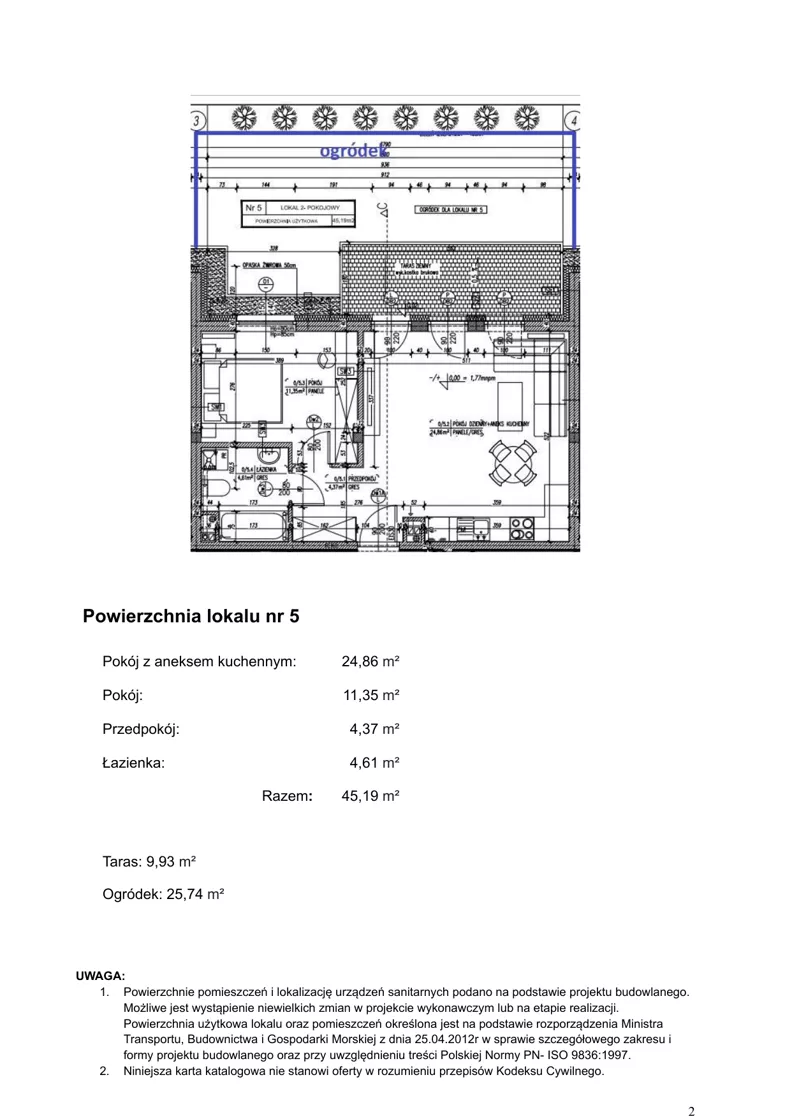 2 pokoje, apartament inwestycyjny 45,19 m², parter, oferta nr 5, Klimaty Bałtyku, Dziwnów, ul. Daglezji 93-94