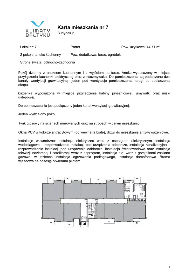 2 pokoje, apartament inwestycyjny 44,71 m², parter, oferta nr 7, Klimaty Bałtyku, Dziwnów, ul. Daglezji 93-94