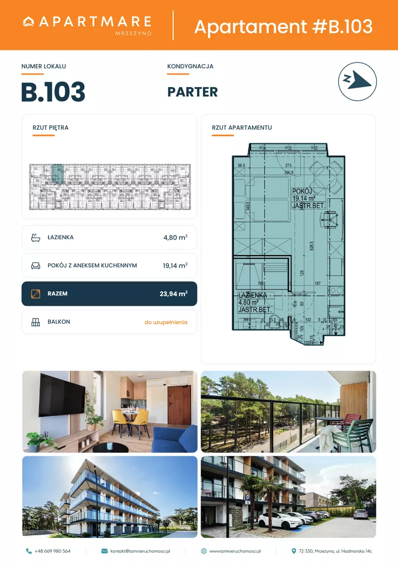 1 pokój, apartament 23,94 m², parter, oferta nr B.103, ApartMare budynek B, Mrzeżyno, ul. Nadmorska 14