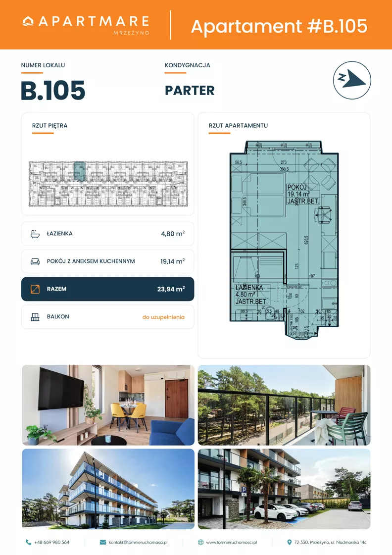 1 pokój, apartament 23,94 m², parter, oferta nr B.105, ApartMare budynek B, Mrzeżyno, ul. Nadmorska 14