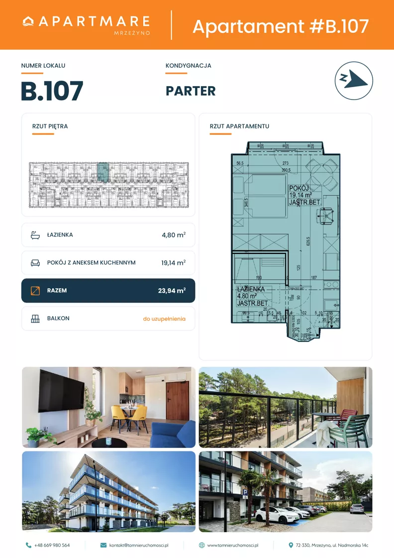 1 pokój, apartament 23,94 m², parter, oferta nr B.107, ApartMare budynek B, Mrzeżyno, ul. Nadmorska 14