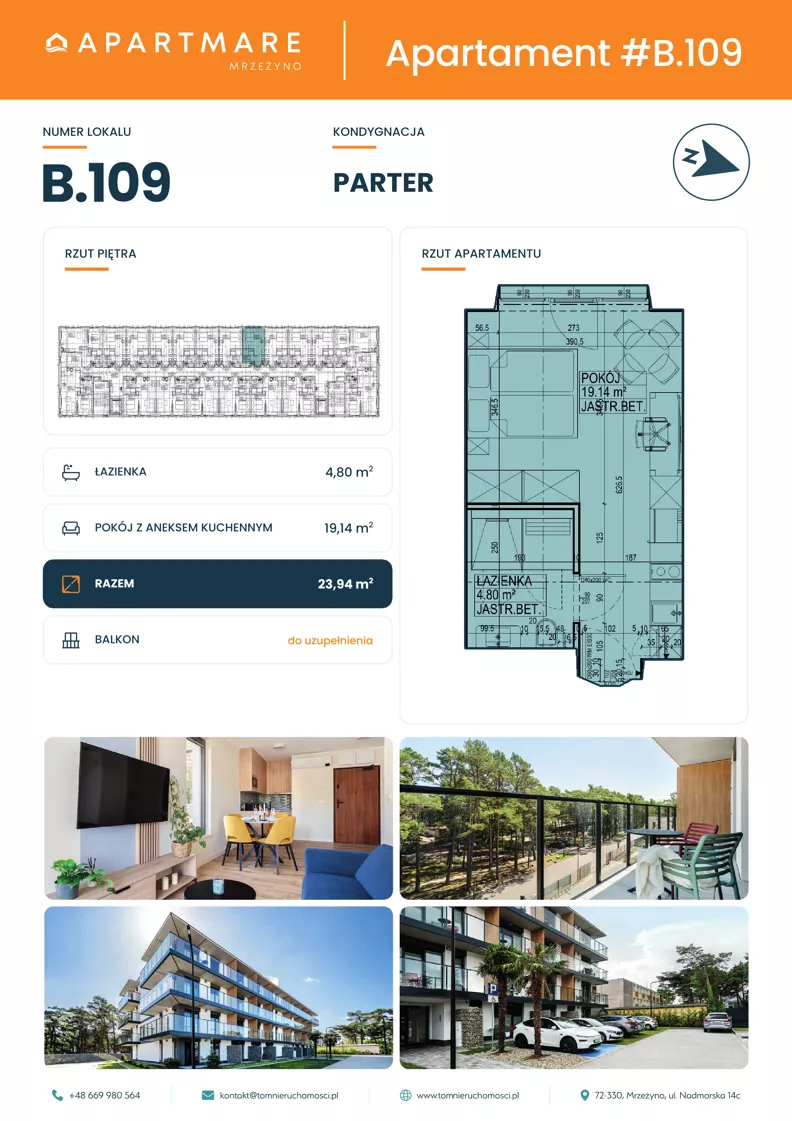 1 pokój, apartament 23,94 m², parter, oferta nr B.109, ApartMare budynek B, Mrzeżyno, ul. Nadmorska 14