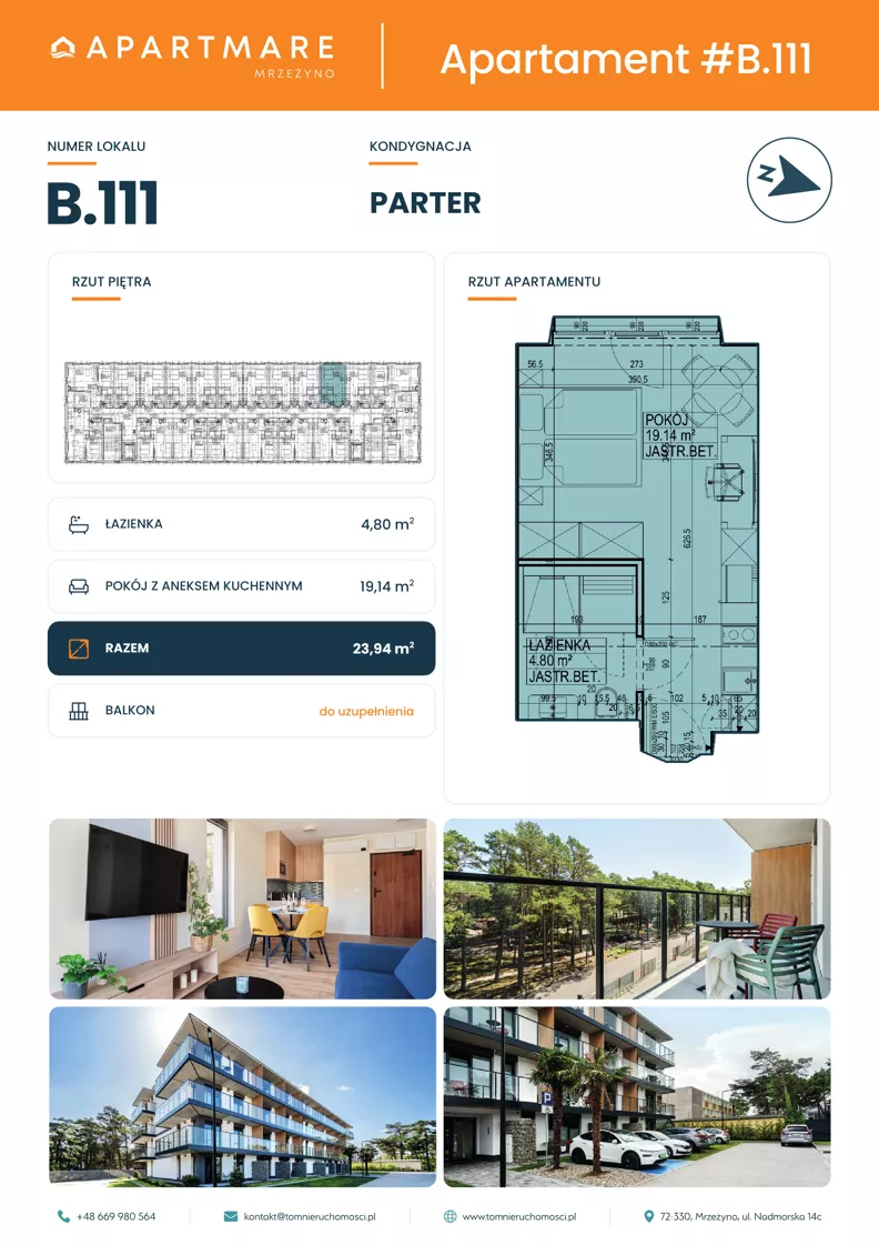 1 pokój, apartament 23,94 m², parter, oferta nr B.111, ApartMare budynek B, Mrzeżyno, ul. Nadmorska 14