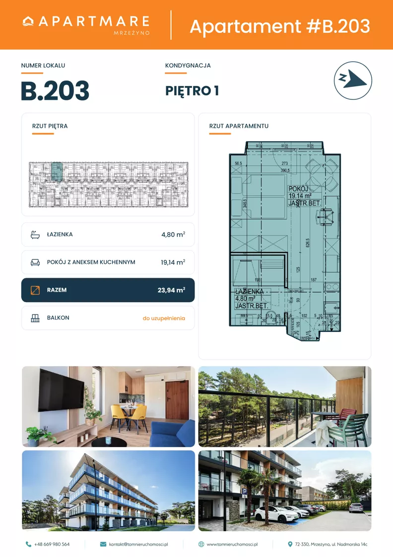 1 pokój, apartament 23,94 m², piętro 1, oferta nr B.203, ApartMare budynek B, Mrzeżyno, ul. Nadmorska 14
