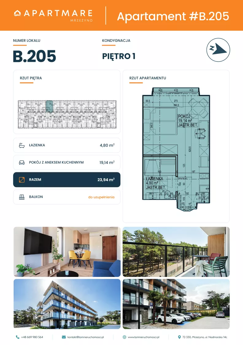 1 pokój, apartament 23,94 m², piętro 1, oferta nr B.205, ApartMare budynek B, Mrzeżyno, ul. Nadmorska 14
