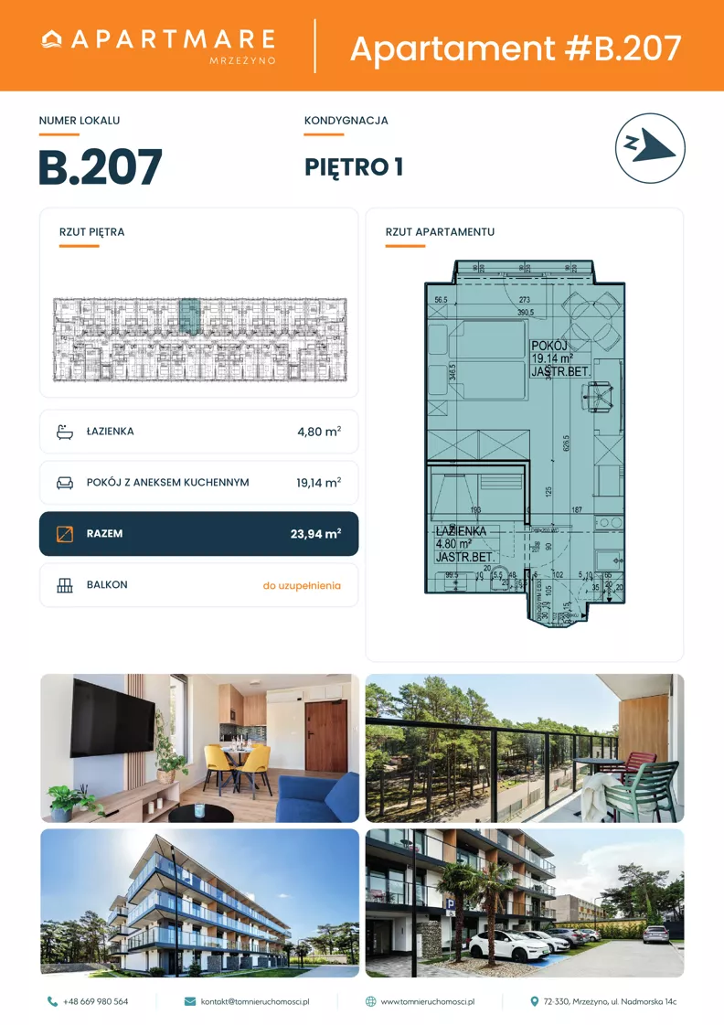 1 pokój, apartament 23,94 m², piętro 1, oferta nr B.207, ApartMare budynek B, Mrzeżyno, ul. Nadmorska 14
