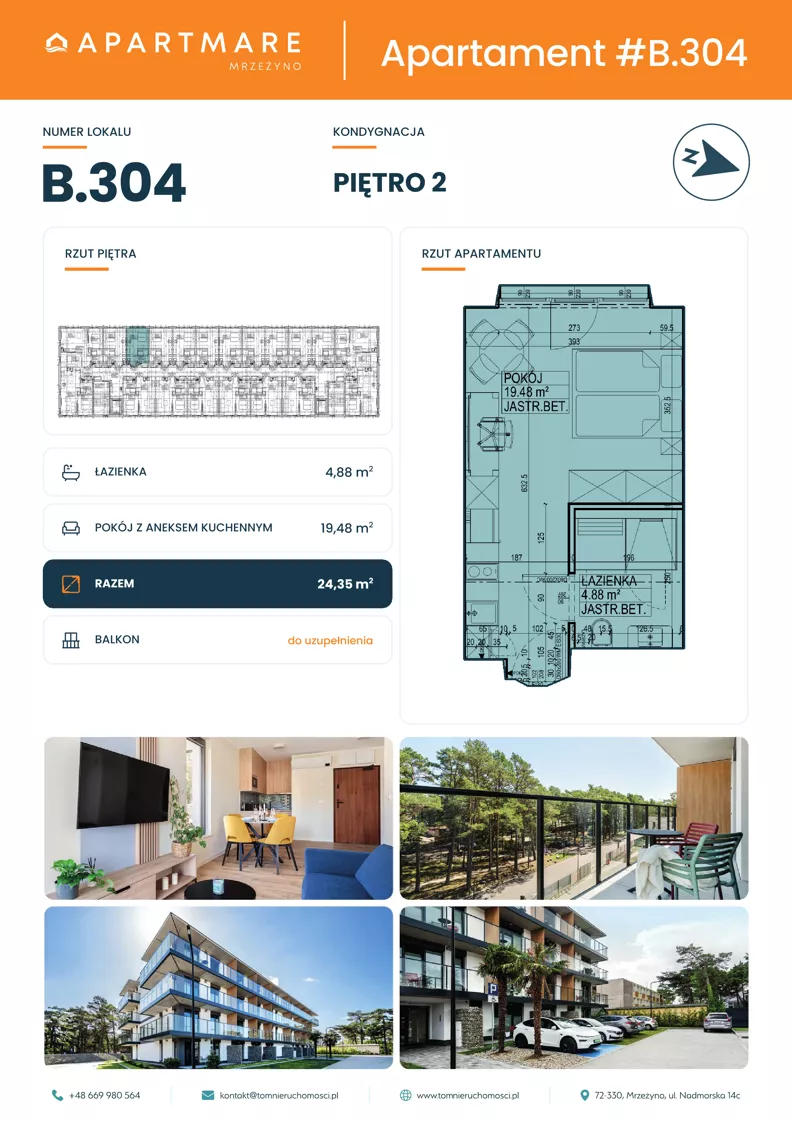 1 pokój, apartament 24,36 m², piętro 2, oferta nr B.304, ApartMare budynek B, Mrzeżyno, ul. Nadmorska 14