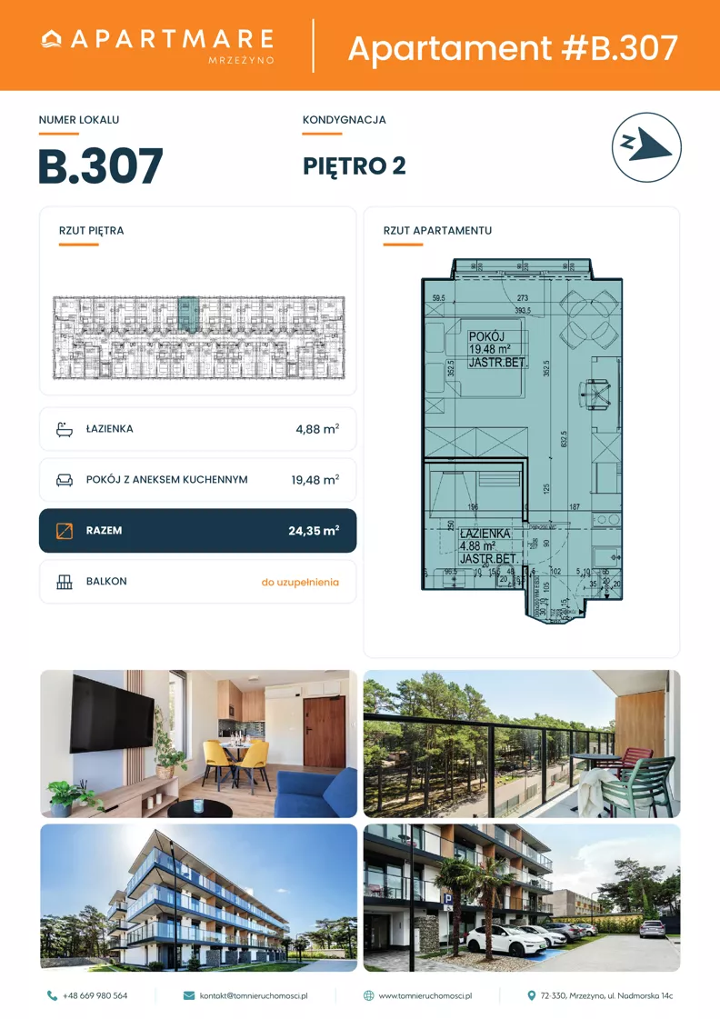 1 pokój, apartament 24,36 m², piętro 2, oferta nr B.307, ApartMare budynek B, Mrzeżyno, ul. Nadmorska 14