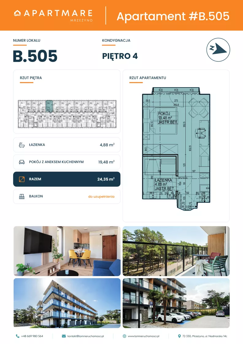 1 pokój, apartament 24,36 m², piętro 4, oferta nr B.505, ApartMare budynek B, Mrzeżyno, ul. Nadmorska 14