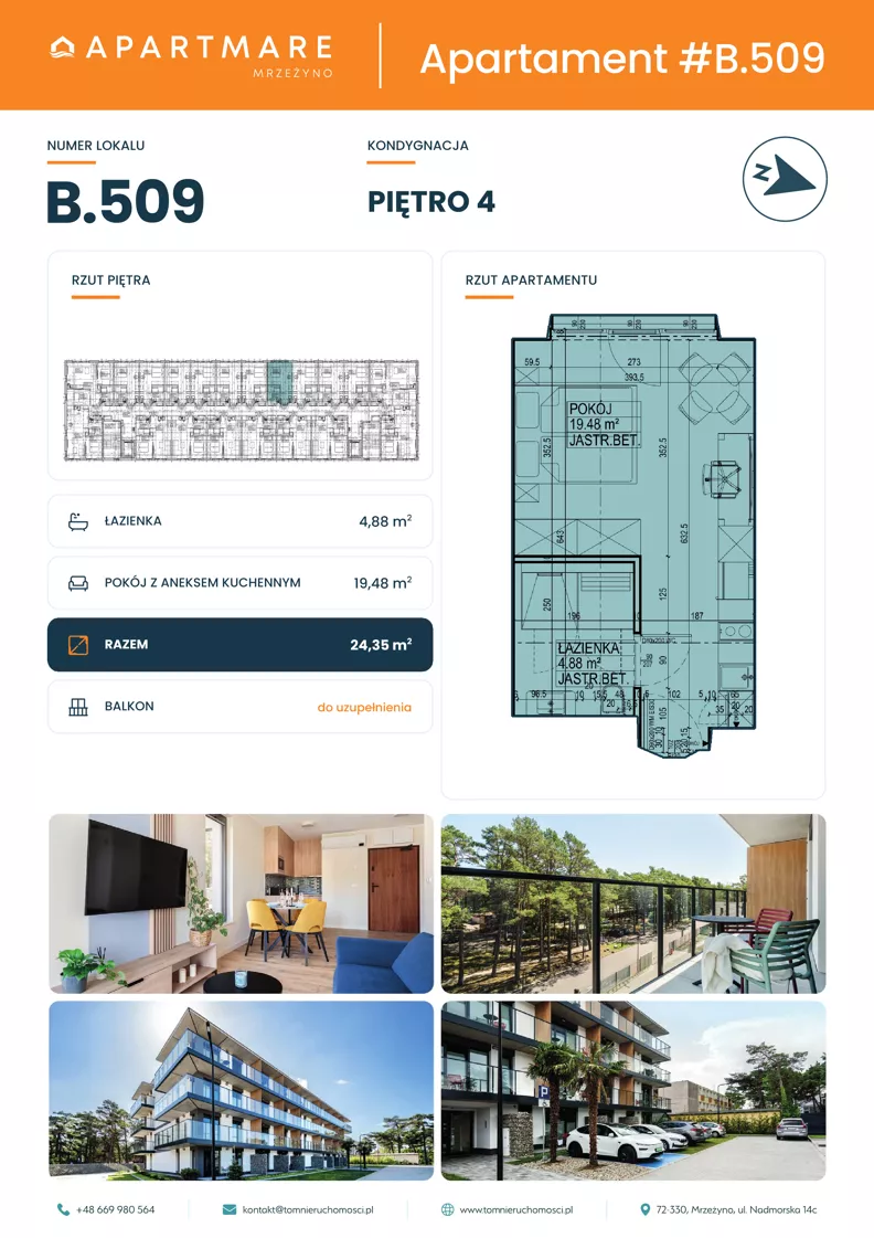 1 pokój, apartament 24,36 m², piętro 4, oferta nr B.509, ApartMare budynek B, Mrzeżyno, ul. Nadmorska 14