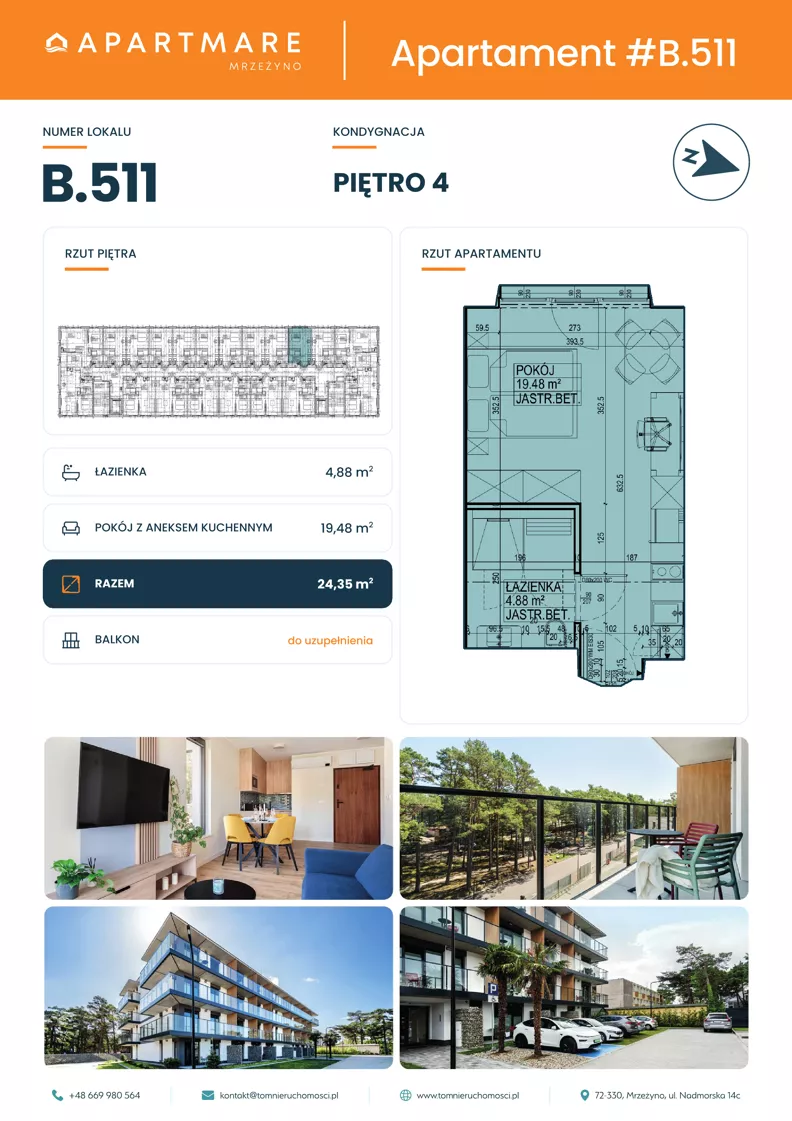 1 pokój, apartament 24,36 m², piętro 4, oferta nr B.511, ApartMare budynek B, Mrzeżyno, ul. Nadmorska 14