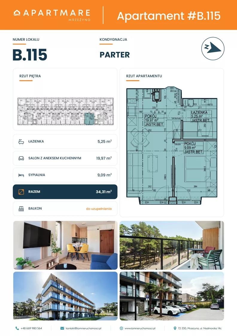 2 pokoje, apartament 34,31 m², parter, oferta nr B.115, ApartMare budynek B, Mrzeżyno, ul. Nadmorska 14