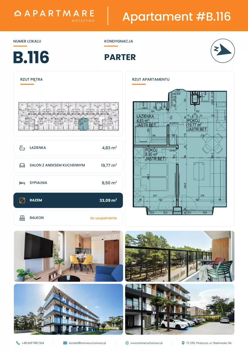 2 pokoje, apartament 33,10 m², parter, oferta nr B.116, ApartMare budynek B, Mrzeżyno, ul. Nadmorska 14