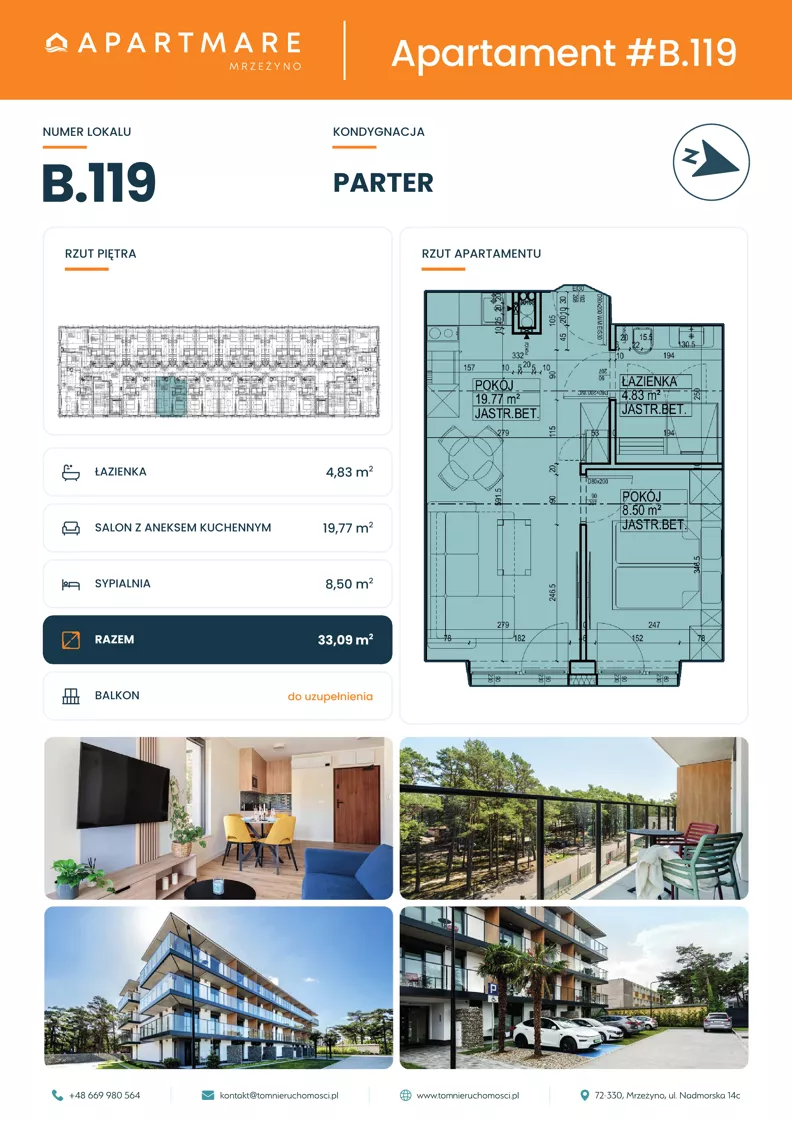 2 pokoje, apartament 33,10 m², parter, oferta nr B.119, ApartMare budynek B, Mrzeżyno, ul. Nadmorska 14