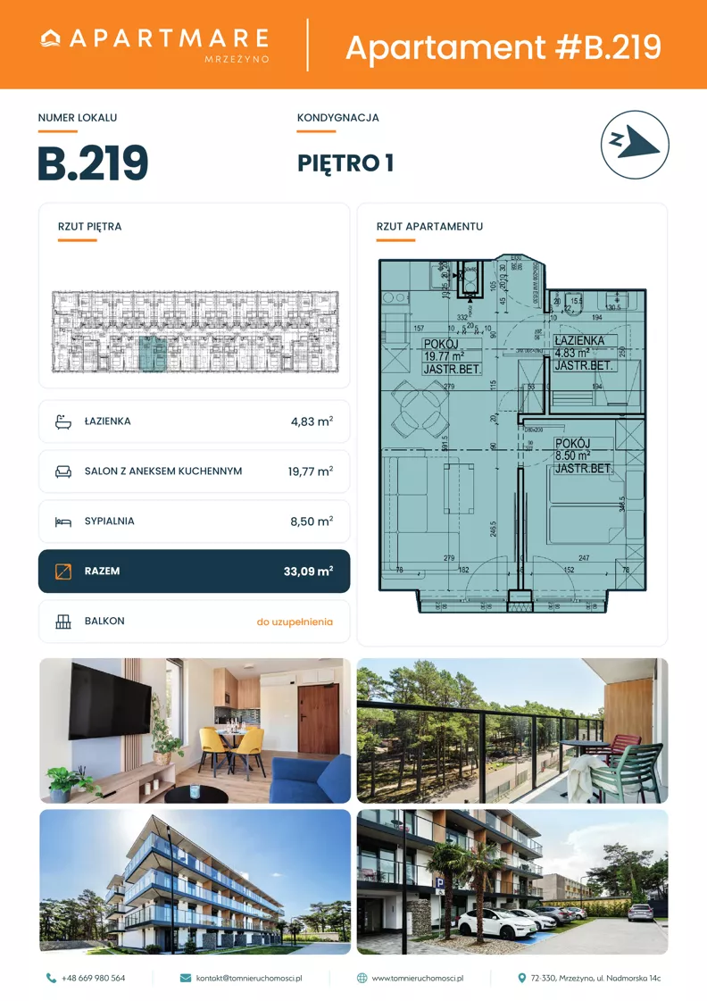 2 pokoje, apartament 33,10 m², piętro 1, oferta nr B.219, ApartMare budynek B, Mrzeżyno, ul. Nadmorska 14