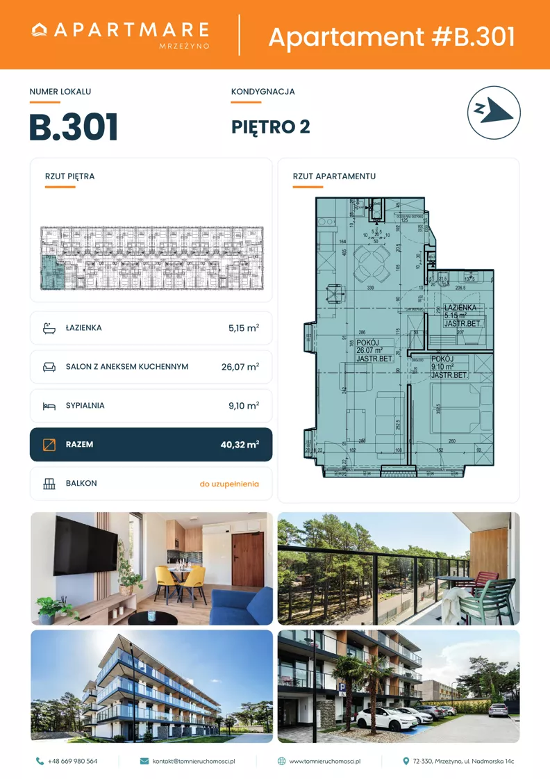 2 pokoje, apartament 40,32 m², piętro 2, oferta nr B.301, ApartMare budynek B, Mrzeżyno, ul. Nadmorska 14