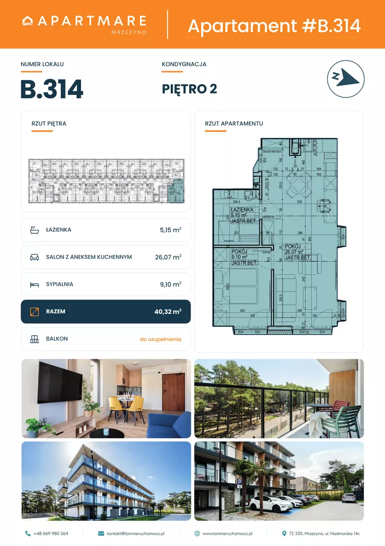 2 pokoje, apartament 40,32 m², piętro 2, oferta nr B.314, ApartMare budynek B, Mrzeżyno, ul. Nadmorska 14