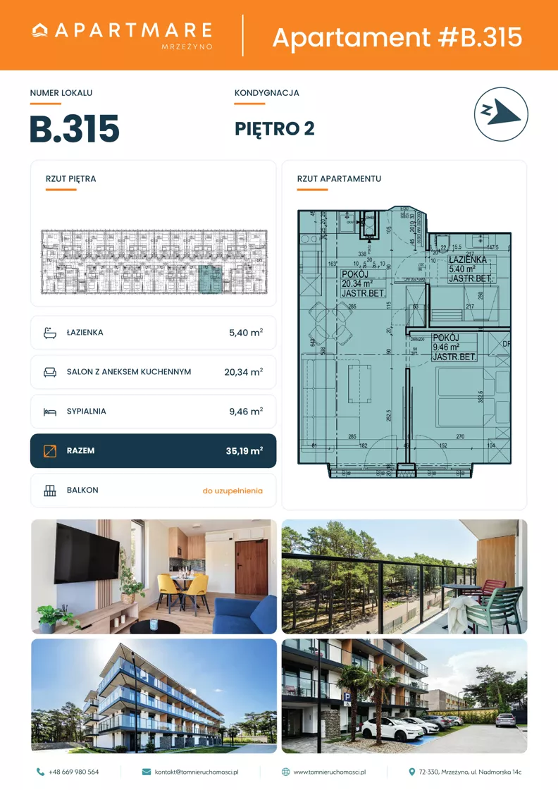 2 pokoje, apartament 35,20 m², piętro 2, oferta nr B.315, ApartMare budynek B, Mrzeżyno, ul. Nadmorska 14