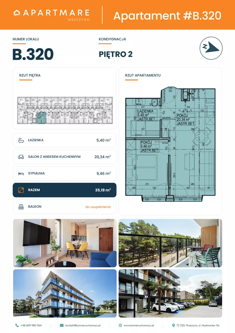 2 pokoje, apartament 35,20 m², piętro 2, oferta nr B.320, ApartMare budynek B, Mrzeżyno, ul. Nadmorska 14