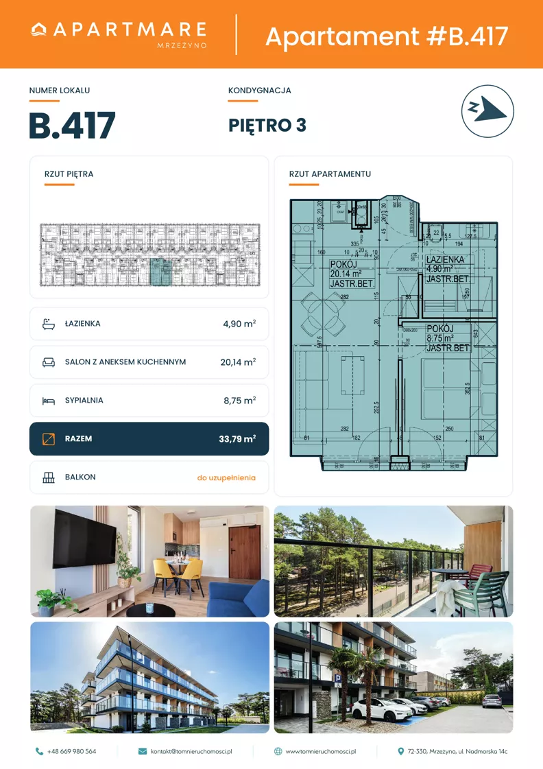 2 pokoje, apartament 33,79 m², piętro 3, oferta nr B.417, ApartMare budynek B, Mrzeżyno, ul. Nadmorska 14