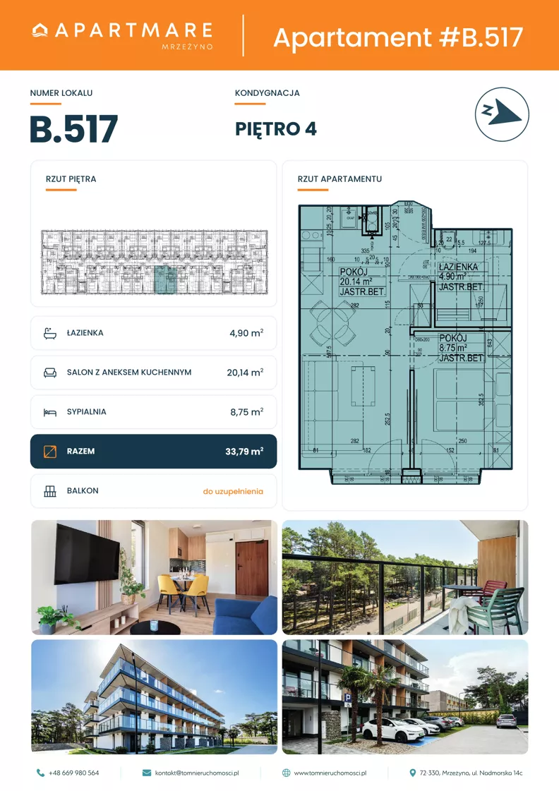 2 pokoje, apartament 33,79 m², piętro 4, oferta nr B.517, ApartMare budynek B, Mrzeżyno, ul. Nadmorska 14