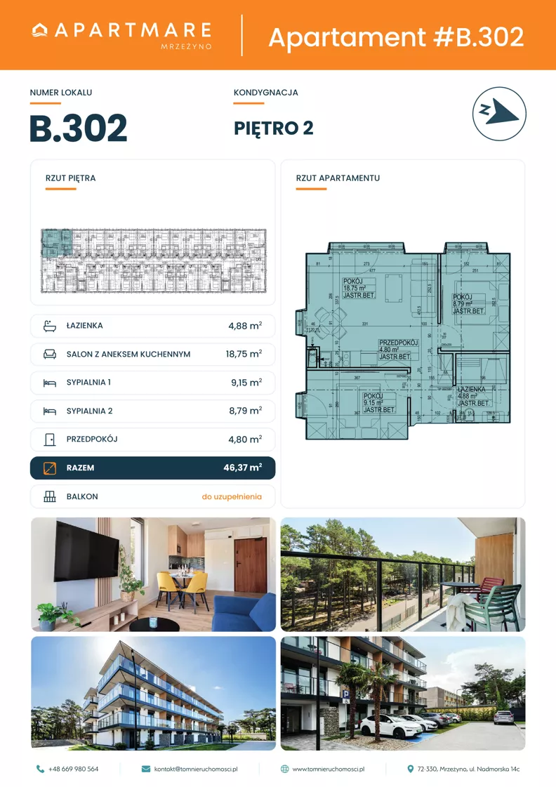 3 pokoje, apartament 46,37 m², piętro 2, oferta nr B.302, ApartMare budynek B, Mrzeżyno, ul. Nadmorska 14