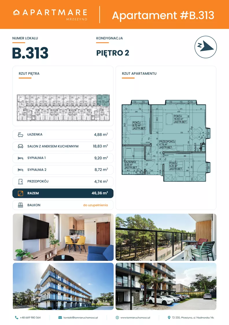 3 pokoje, apartament 46,37 m², piętro 2, oferta nr B.313, ApartMare budynek B, Mrzeżyno, ul. Nadmorska 14