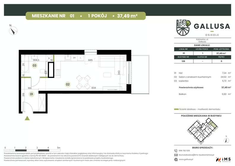 1 pokój, mieszkanie 37,49 m², parter, oferta nr GAL1.1, Osiedle Gallusa, Katowice, Brynów-Osiedle Zgrzebnioka, Brynów, ul. Józefa Gallusa 10B i 12B