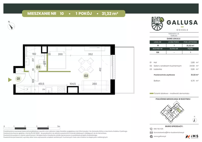 1 pokój, mieszkanie 31,32 m², piętro 1, oferta nr GAL1.10, Osiedle Gallusa, Katowice, Brynów-Osiedle Zgrzebnioka, Brynów, ul. Józefa Gallusa 10B i 12B