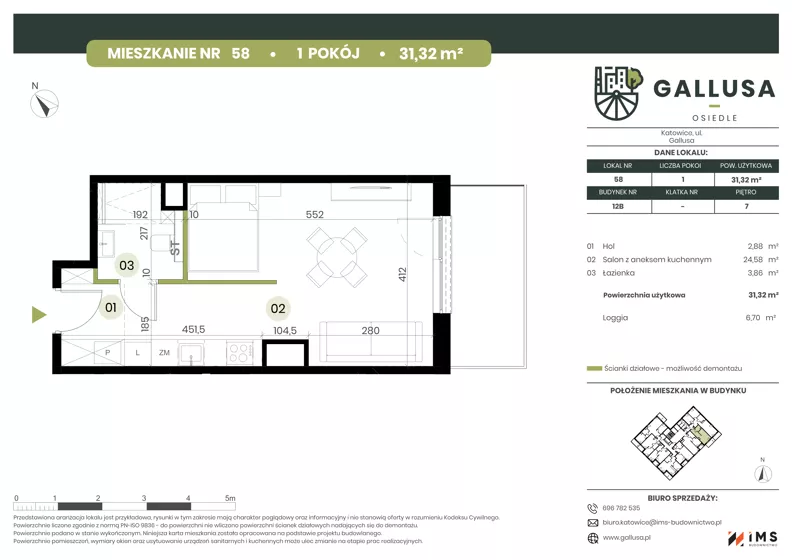 1 pokój, mieszkanie 31,32 m², piętro 7, oferta nr GAL1.58, Osiedle Gallusa, Katowice, Brynów-Osiedle Zgrzebnioka, Brynów, ul. Józefa Gallusa 10B i 12B