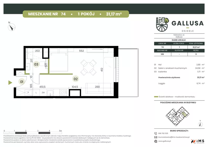 1 pokój, mieszkanie 31,17 m², piętro 9, oferta nr GAL1.74, Osiedle Gallusa, Katowice, Brynów-Osiedle Zgrzebnioka, Brynów, ul. Józefa Gallusa 10B i 12B