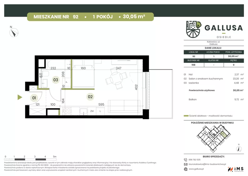 1 pokój, mieszkanie 30,05 m², parter, oferta nr GAL1.92, Osiedle Gallusa, Katowice, Brynów-Osiedle Zgrzebnioka, Brynów, ul. Józefa Gallusa 10B i 12B