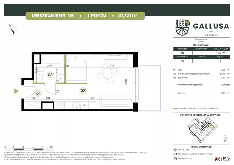 1 pokój, mieszkanie 31,72 m², piętro 3, oferta nr GAL1.116, Osiedle Gallusa, Katowice, Brynów-Osiedle Zgrzebnioka, Brynów, ul. Józefa Gallusa 10B i 12B