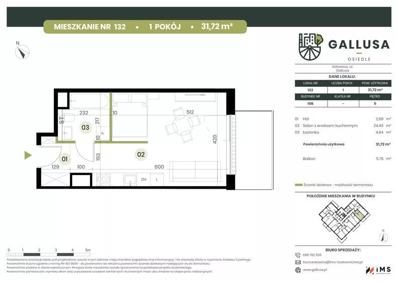 1 pokój, mieszkanie 31,72 m², piętro 5, oferta nr GAL1.132, Osiedle Gallusa, Katowice, Brynów-Osiedle Zgrzebnioka, Brynów, ul. Józefa Gallusa 10B i 12B