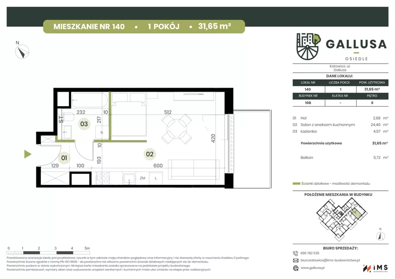 1 pokój, mieszkanie 31,65 m², piętro 6, oferta nr GAL1.140, Osiedle Gallusa, Katowice, Brynów-Osiedle Zgrzebnioka, Brynów, ul. Józefa Gallusa 10B i 12B