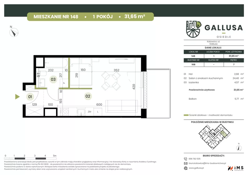 1 pokój, mieszkanie 31,65 m², piętro 7, oferta nr GAL1.148, Osiedle Gallusa, Katowice, Brynów-Osiedle Zgrzebnioka, Brynów, ul. Józefa Gallusa 10B i 12B