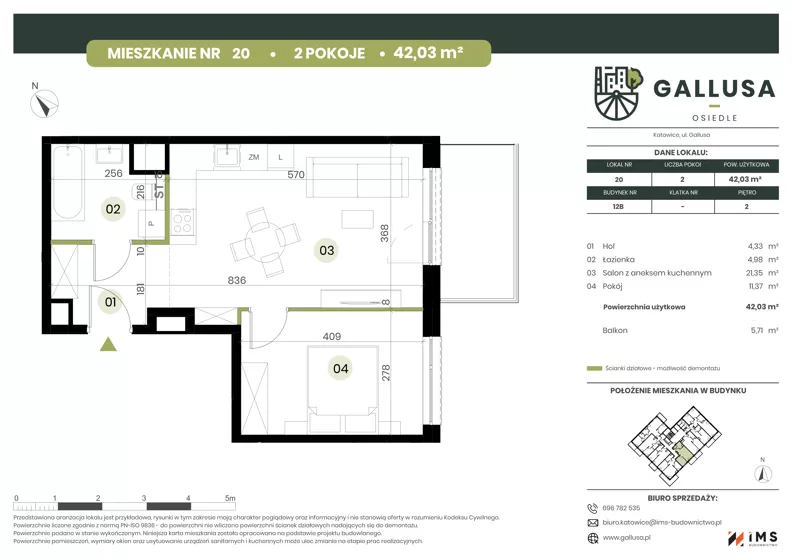 2 pokoje, mieszkanie 42,03 m², piętro 2, oferta nr GAL1.20, Osiedle Gallusa, Katowice, Brynów-Osiedle Zgrzebnioka, Brynów, ul. Józefa Gallusa 10B i 12B