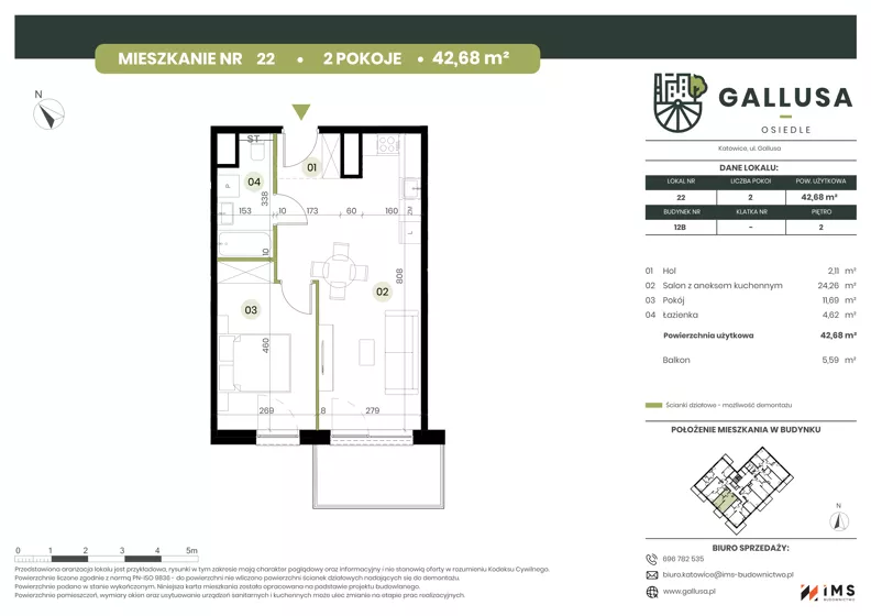 2 pokoje, mieszkanie 42,68 m², piętro 2, oferta nr GAL1.22, Osiedle Gallusa, Katowice, Brynów-Osiedle Zgrzebnioka, Brynów, ul. Józefa Gallusa 10B i 12B