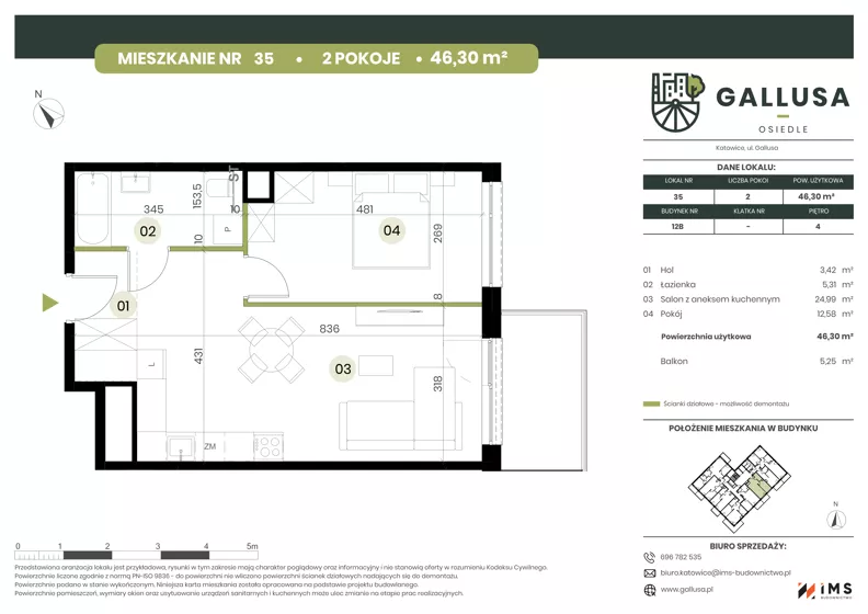 2 pokoje, mieszkanie 46,30 m², piętro 4, oferta nr GAL1.35, Osiedle Gallusa, Katowice, Brynów-Osiedle Zgrzebnioka, Brynów, ul. Józefa Gallusa 10B i 12B
